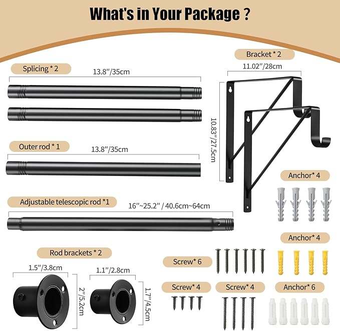 Closet Rod, 16 to 63 Inch Closet Rods Heavy Duty Adjustable Wardrobe Poles for Hanging Clothes and Heavy Duty Bracket Closet Pole Support (The Shelf NOT Included)(Black)