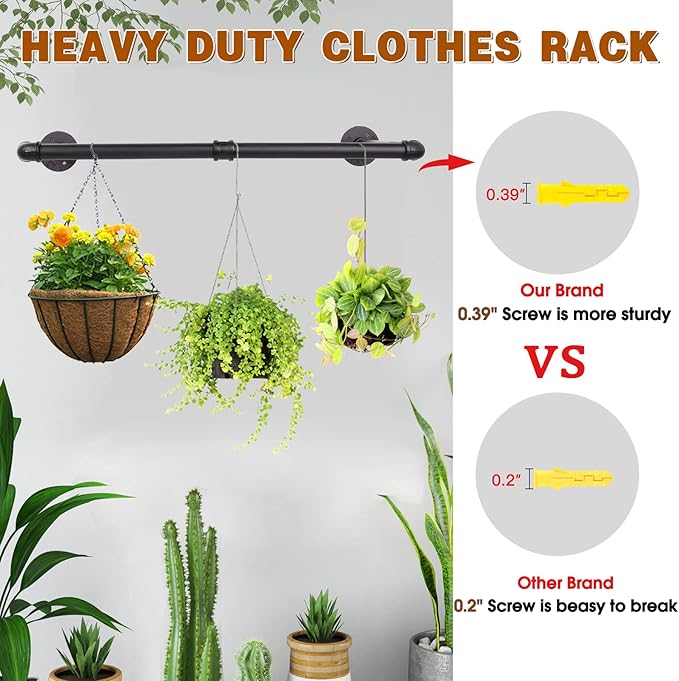 Wall Mounted Clothes Rack - 36" Industrial Pipe Clothing Garment Rack, Space - Saving Heavy Duty Detachable Black Iron Clothes Organizer, Multi-Purpose Hanging Rod for Closet Storage, 2 Base