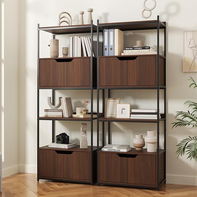 Bookcase with 4 Doors, 63" Tall Bookshelf with Storage Cabinet, 6 Tier Open Bookshelf for Display, Industrial Floor Standing Display Storage Shelves for Home Office, Living Room, Brown