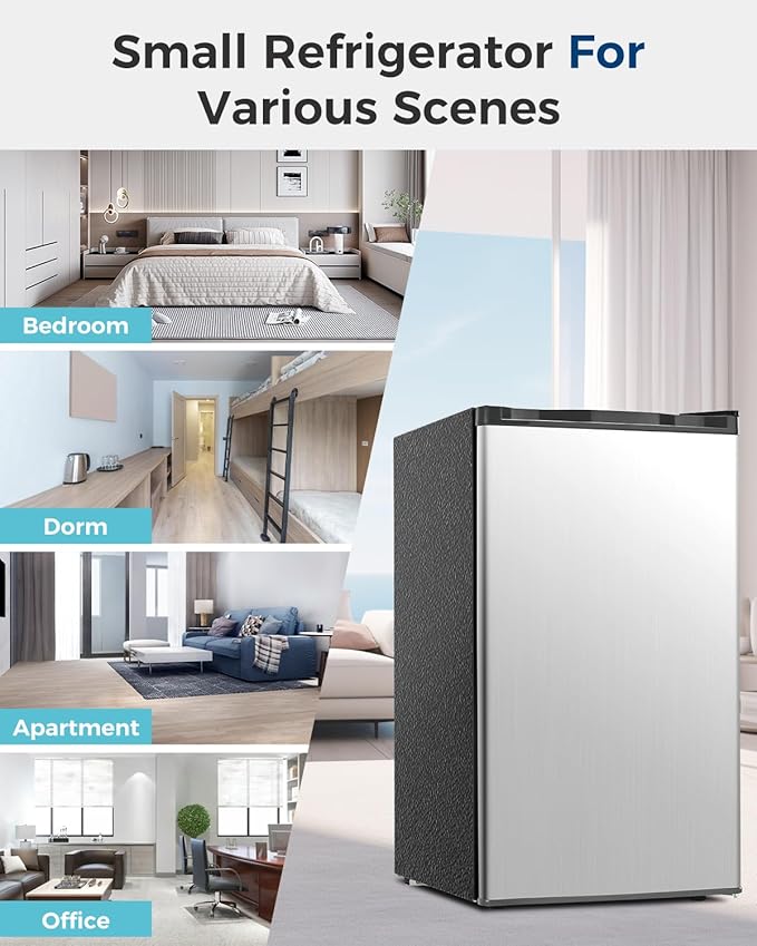 Mini Fridge with Freezer - 3.2 Cu.Ft Single Door Mini Refrigerator with Adjustable Thermostat, Low Noise, Energy Saving, Small Fridge for Bedroom, Apartment, Dorm, Classroom, Office - Silver