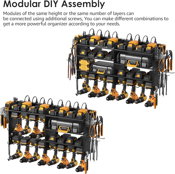 CCCEI Modular Pegboard Rack Power Tool Organizer with Charging Station. 4 Layer Wall Mount Drill Holder, Tools Battery Charger Organizer. Garage Shop Storage Utility Shelf with 6FT Power Strip. Black
