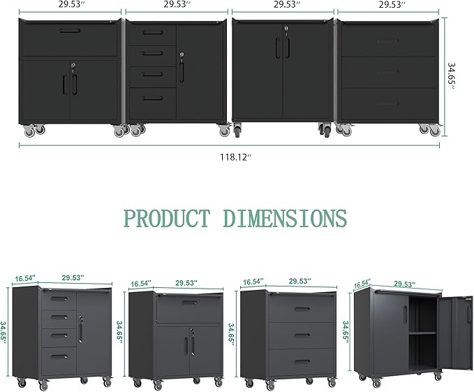 Metal Tool Cabinet,Garage Storage Cabinet System,Wall Cabinet & Locking Rolling Tool Cabinet with Doors and Adjustable Shelves,Steel Tool Cabinets for Home (4 Pcs-StyleC, Black)