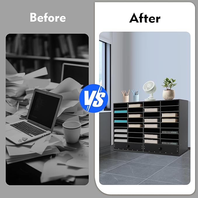 Adjustable Literature Organizer, 32 Compartments Mail Sorter Organizer with 2 Drawers, PVC Desktop File Sorter, Classroom Mailbox Office Mailbox Cubbies for Office, Home, Study Room Black