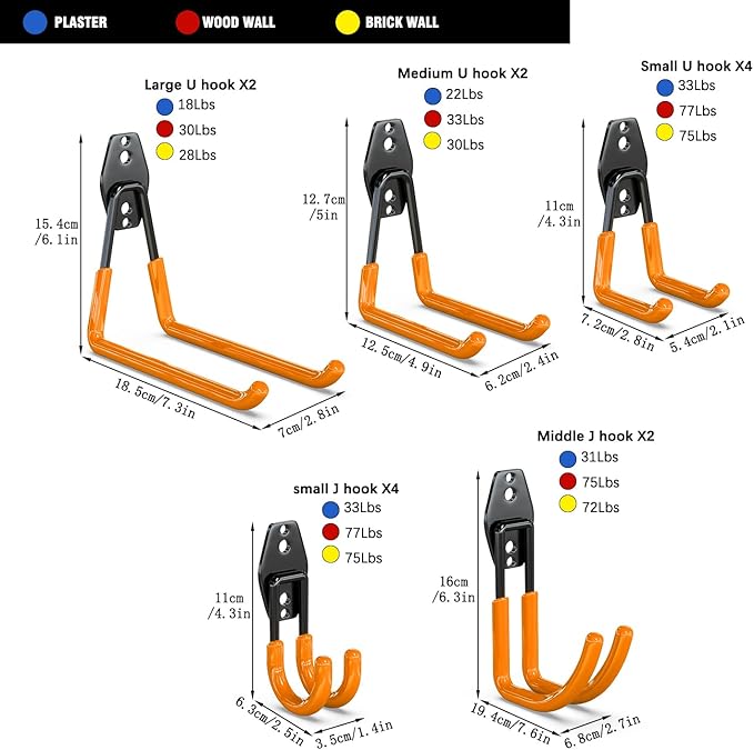 3-H Garage Wall Hooks 14 Pack, Garage Hooks Heavy Duty with Extra Welding Spots, Wall Mount Storage Organizer for Hanging Garden Lawn Tools Ladder Bike WeedEater Chair Shovel Blower (Orange)