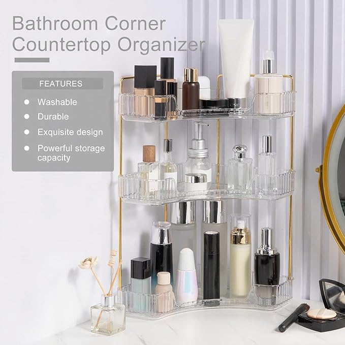 Corner Bathroom Countertop Organizer, Vanity Trays for Counter, Makeup Organizers, Perfume Tray, Kitchen Spice Rack, (Clear, 3 Tiers)
