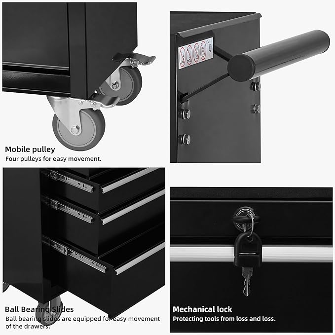 6-Drawer Rolling Tool Chest Cabinet, Large Capacity Metal Tool Box with Wheels and Locking, Roll Around Storage Organizer Tool Cart for Garage, Warehouse, Work Shop - Black
