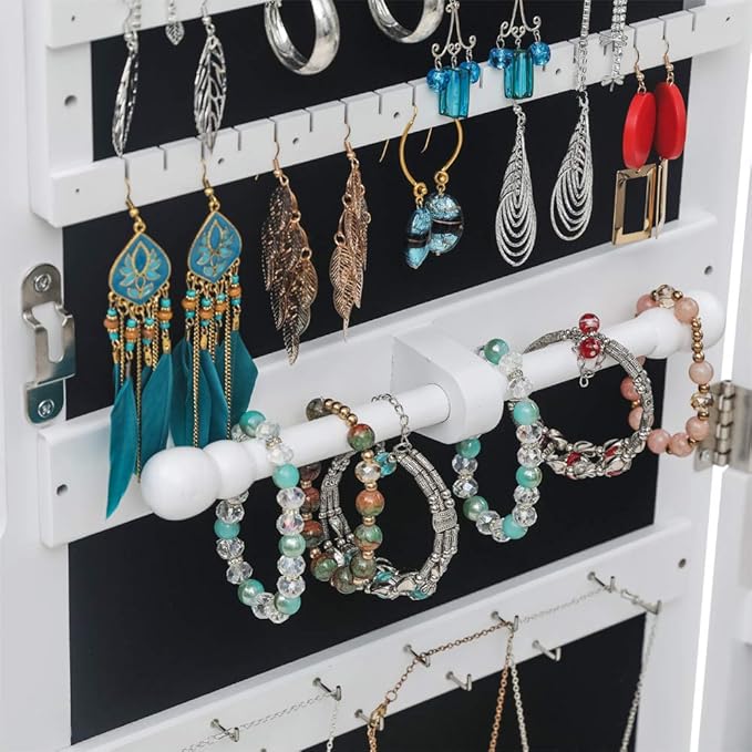 8 LEDs Mirror Jewelry Armoire, Wall Mounted Jewelry Cabinet with Mult Back Shelves & Interior Mirror & Lockable & Drawers, Jewelry Organizer with Storage for Women Gift, White