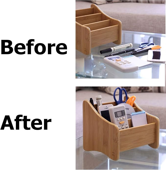 VolksRose Desk Remote Control Holder Multi-Function Coffee Table Office Supplies Storage Organizer, Home Sundries Bamboo Storage Box with 3 Compartments Perfect for Makeup, TV Guide, Pen, Caddy #1