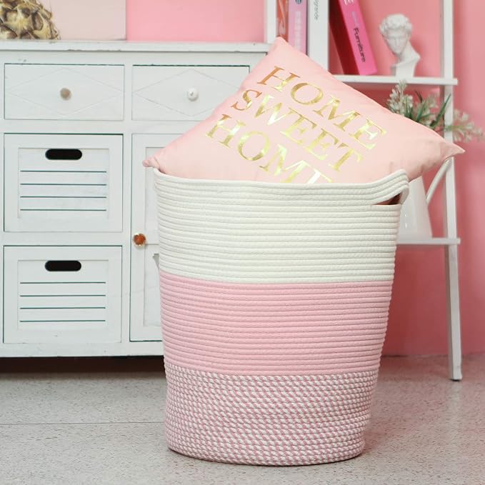 Sea Team Large Size Cotton Rope Woven Storage Basket with Handles, Laundry Hamper, Fabric Bucket, Drum, Clothes Toys Organizer for Kid's Room, 20 x 14 inches, Round Open Design, White & Mottled Pink