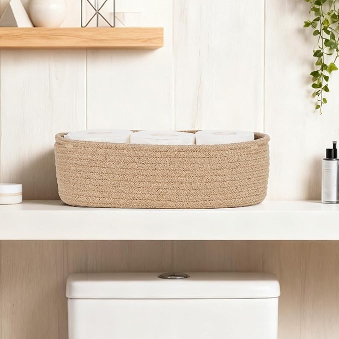 Temary Toilet Paper Basket, Narrow Cotton Rope Storage Bins with Handles, 2 Pack Small Decorative Baskets for Organizing Bathroom, Bedroom, Living Room (Jute, 13x5.9x3.9)