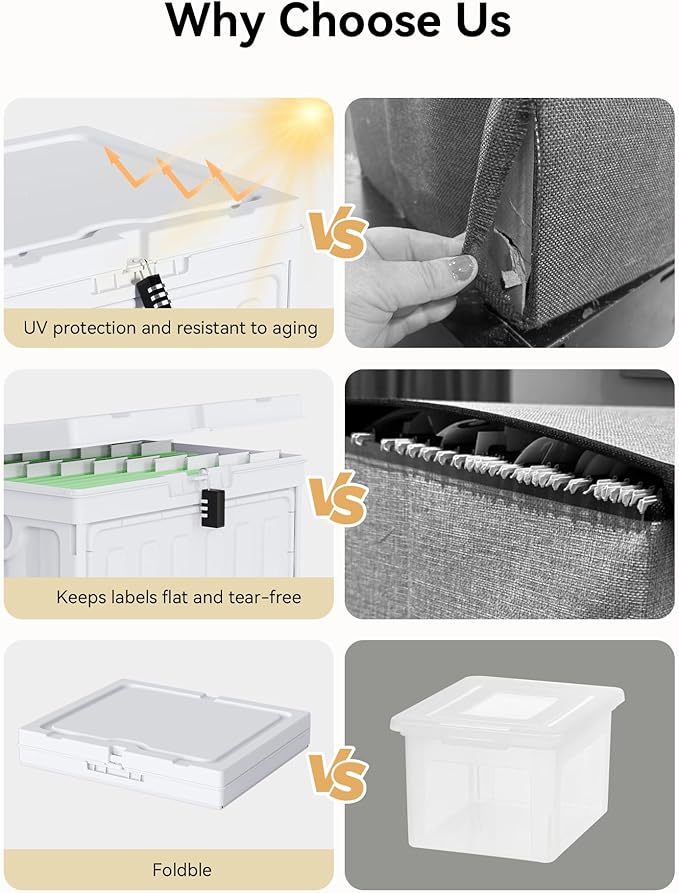 Oterri Plastic File Box with Lid for Letter Size File Folders, Hanging File Folder Box Collapsible File Organizer, File Cabinet Document Organization Home, Office (White, Large-2 Pack Without Folders)