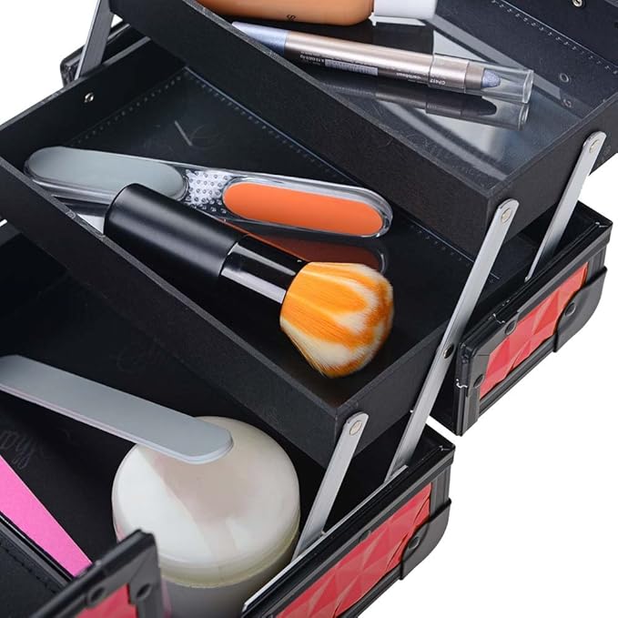 SHANY Chic Makeup Train Case Cosmetic Box Portable Makeup Case Cosmetics Beauty Organizer Jewelry storage with Locks, Multi trays Makeup Storage Box with Makeup Mirror - Ruby Red