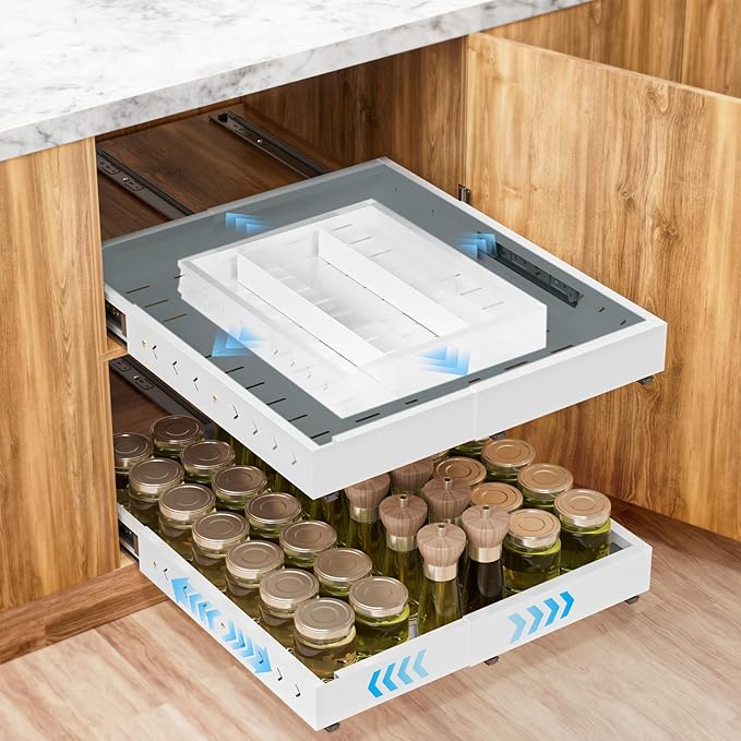 Insputer Pull Out Cabinet Organizer Expandable (12.4"-20.08") W & (16.26"-22.44") D, Slide Out Drawers for Kitchen, Pantry with 2Pcs Magnetic Panel, 3 Slide Rails, No Drill Adhesive Roll Out Shelf