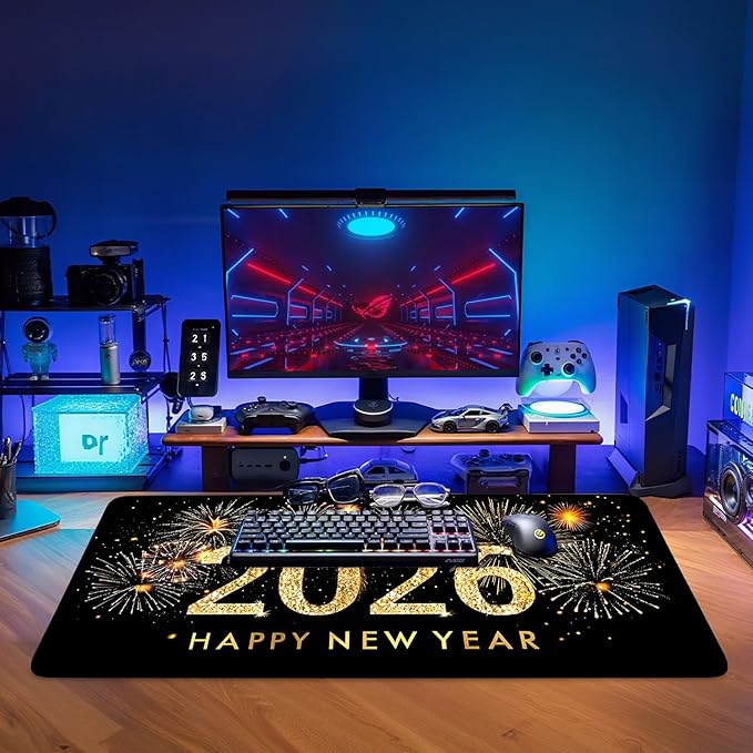 2026 Happy New Year Gaming Mouse Pad 35.4"x15.7"Desk Mat Anti-Slip Rubber Base & Durable Stitched Edges for Gamers Smooth Mouse Writing Surface for Desk Office/Home