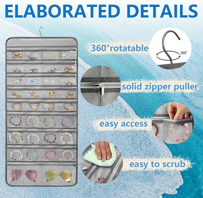 Travel Jewelry Organizer Dual Sided Hanging Earring Holder Bracelet Storage Rolls Rings Display Case with 68 Zippered Pockets (GREY)