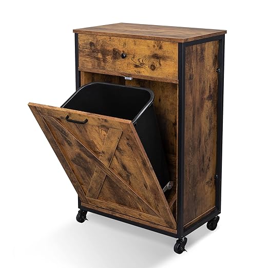 VINGLI 13 Gallon Tilt Out Trash Cabinet, Wood Hidden Trash Can Kitchen Cabinet with Drawer, Movable/Freestanding Pet Proof Storage Organizer, Laundry Basket Living Room Storage, Rustic Brown