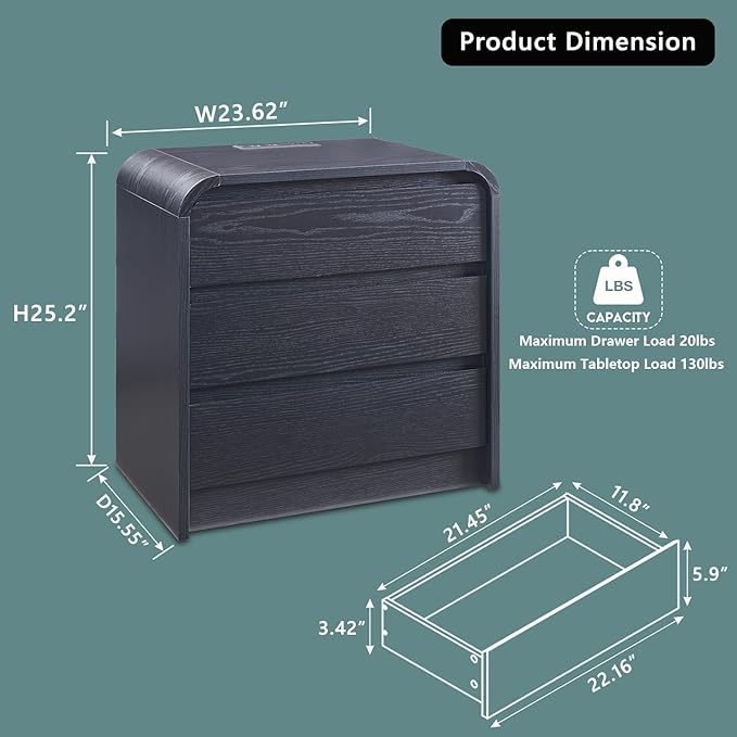 25" Tall Modern Nightstand Set of 2, 23.6" Wide Wood Bedside Table with Charging Station, 3 Storage Drawers Side Table w/Curved Profile Design, End Table for Bedroom, Black