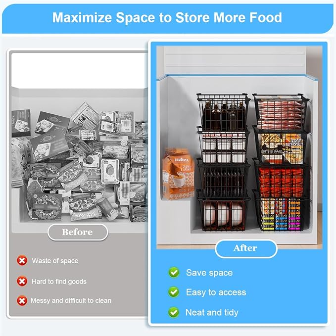 Freezer Organizer Bins, Large Capacity Stackable Baskets for Deep Chest Freezer Easy Get and Sort Bottom Frozen Meats Food Storage Containers Pantry Storage and Organization, 4pcs