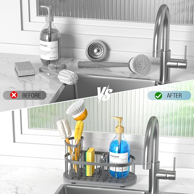 Kitchen Sink Organizer with Sponge Holder & Brush Holder - Drain-Free Non-Slip Base, 2.6mm Stainless Steel with Grey Rust-Resistant Coating - Easy Install & Clean Kitchen Sink Caddy