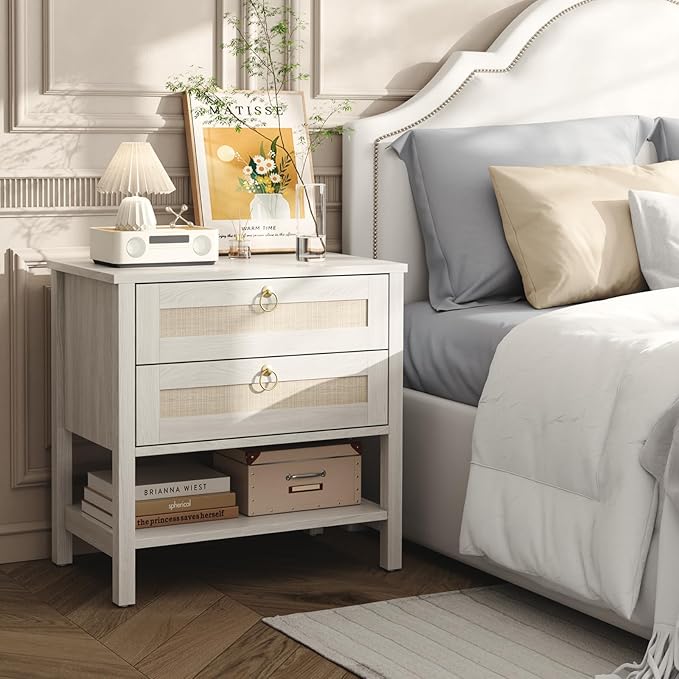 Wooden Nightstand Set of 2, Boho Side Tables with 2 Woven Rattan Drawers and Storage Shelf, Bedside Tables for Bedroom, or Home Office