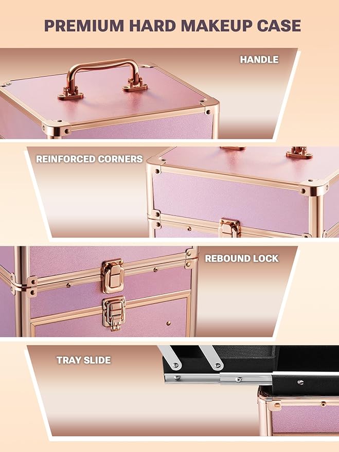 Qislee Makeup Box with Drawer and Four Trays, A Detachable Lighted Mirror, Waterproof Travel Train Case, Cosmetic Organizer and Makeup Suitcase with Magnetic LED Mirror(Sparkling Gradient Pink)