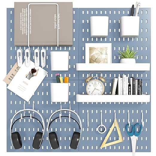 Peg Board Combination Kit, 4 Pegboards with 20 Accessories, Pegboard Wall Organizer for Office, Nursery & Home Storage, Key Holder, 25.6"x25.6" – Nail-Free Installation（Blue）