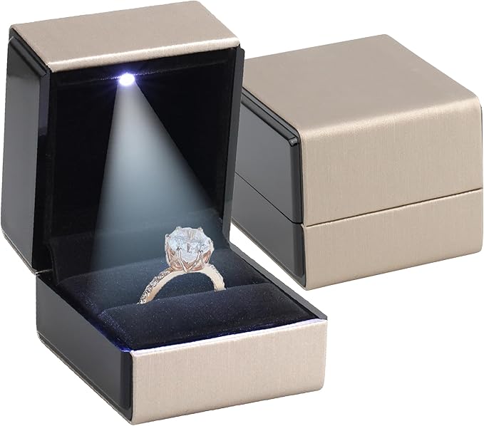 Novel Box Square Shaped Gold Ring Box With LED Light 2.25X2X2.5 Inches - Jewelry Ring Case Best for Jewelry Displays - Gift Boxes for Mother's Day, Engagement, Anniversary & more Happy Occasions