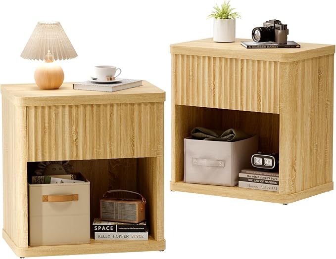 Fluted Nightstands Set of 2, Bedside Tables with Wave Pattern Drawer, Open Shelf & Rounded Corners, Modern Wood End Table for Small Space, Bedroom Decor