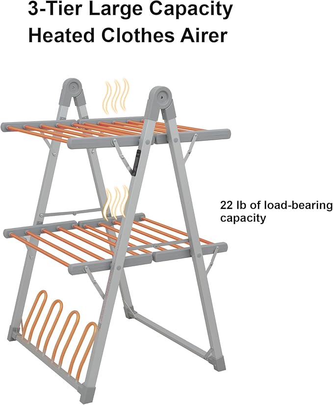 Electric Heated Clothes Drying Rack,Foldable Heated Garment Dryer with Timer Shut-Off Laundry Rack for Clothes Shoes Socks,Aluminum Alloy,Silvery Gray,Plug & Play,(39.37x25.98x23.82in)