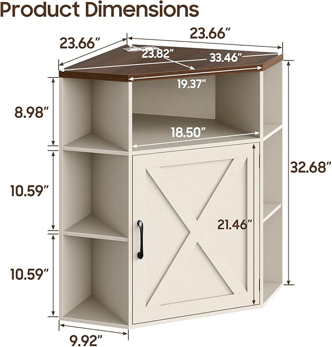 Corner Storage Cabinet, Farmhouse Corner Bookshelf with Storage 6-Cubby Wooden Cabinet with USB Ports and Outlets Industrial Organizer for Small Space, Study, Playroom, Living Room