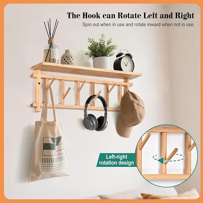 Coat Rack Wall-Mounted with Shelf Coat Hooks Wall Mount with Shelf Entryway Hanging Shelves with 6 Rotating Hooks for Hallway/Living Room/Bedroom/Kitchen (Bamboo)