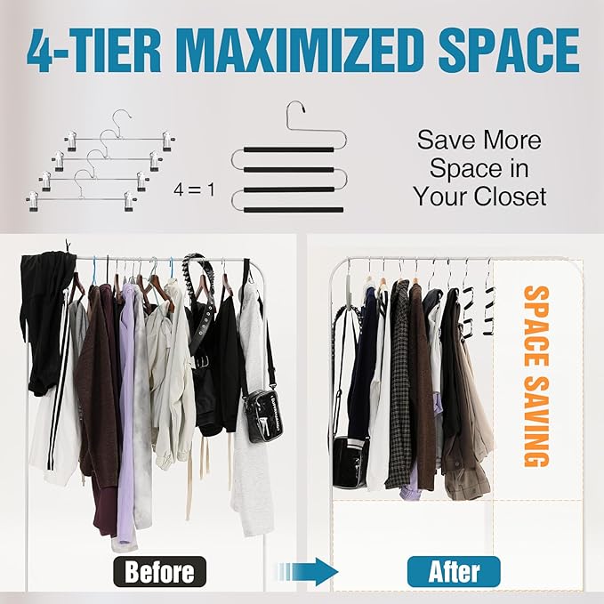Multiple Space Saving Non Slip Foam Padded Pants Hangers 4 Tier Steel Open Ended No Creases Tiered Black 3 Pack