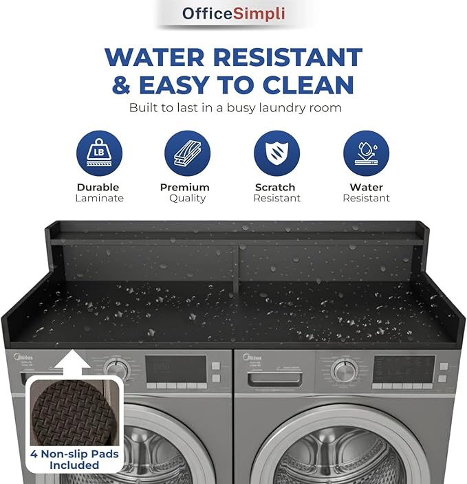 OfficeSimpli Washer Dryer Countertop with Shelf - 27.5 x 54 Inch - Made in USA Laundry Countertop Over Washer and Dryer with Non-Slip Pads, Storage Shelf, Laundry Topper Organizer, Black
