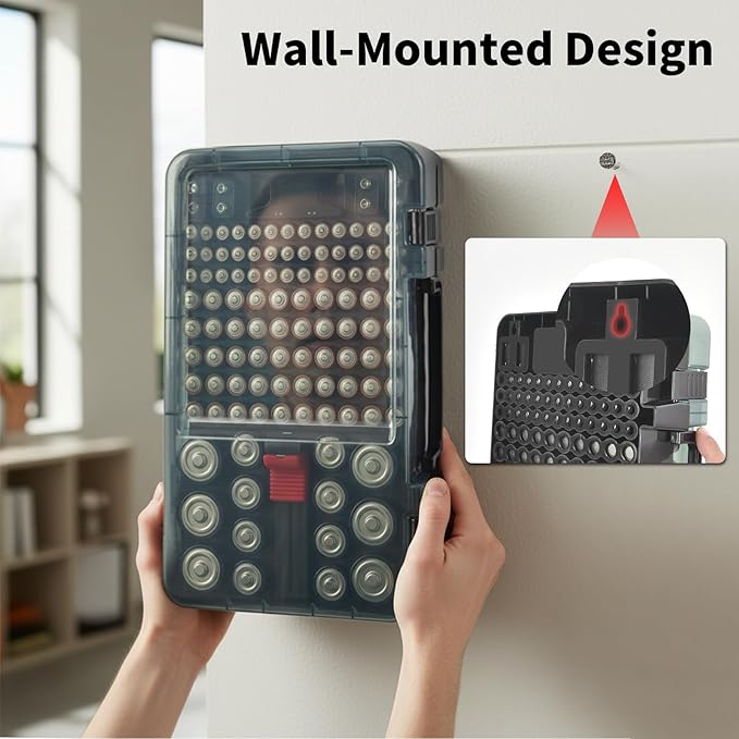 Battery Organizer with Tester, Battery Box Holder for 120+ AA AAA C D 9V 3V Lithium LR44 CR2 CR123 CR1632 18650 Batteries with Wall-Mounted Design (Black)