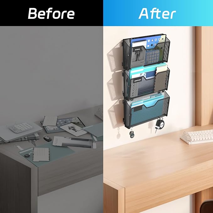 SUPEASY Mail Organizer Wall Mounted, Wall File Holder, Hanging File Organizer, Metal Mesh Mail Oganizer & Mail Holder for Home / Office (with Label Panel, 6 Pack)