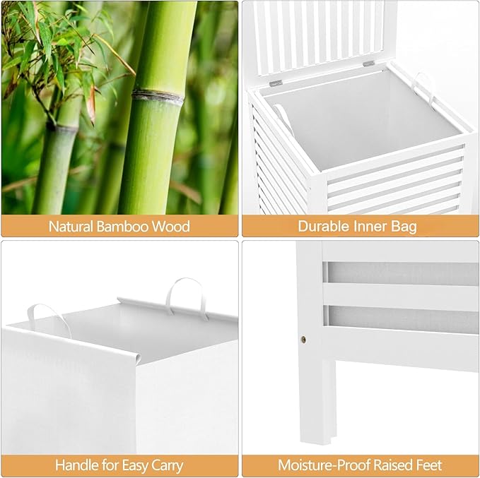 VASMIA Laundry Hamper with Lid, 90L Bamboo Large Laundry Basket with Removable Bag,Dirty Clothes Hamper for Bedroom Bathroom White