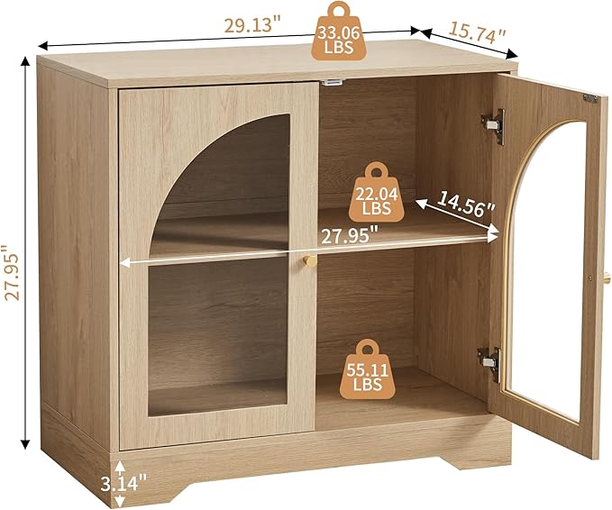 Farmhouse Floor Storage Cabinet with Arched Acrylic Door, 27" Short Accent Display Sideboard Buffet Cabinet with Adjustable Shelf for Living Room, Bathroom, Kitchen Coffee Bar (Natural)