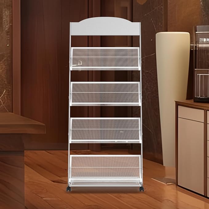 Floor-Standing Magazine Rack 4-Layer with Wheels, Semi-arched top Brochure Display Stand, High-hardness metal for Exhibitions, Office, and Any Organization Requiring Information Display (Arc-Sliver)