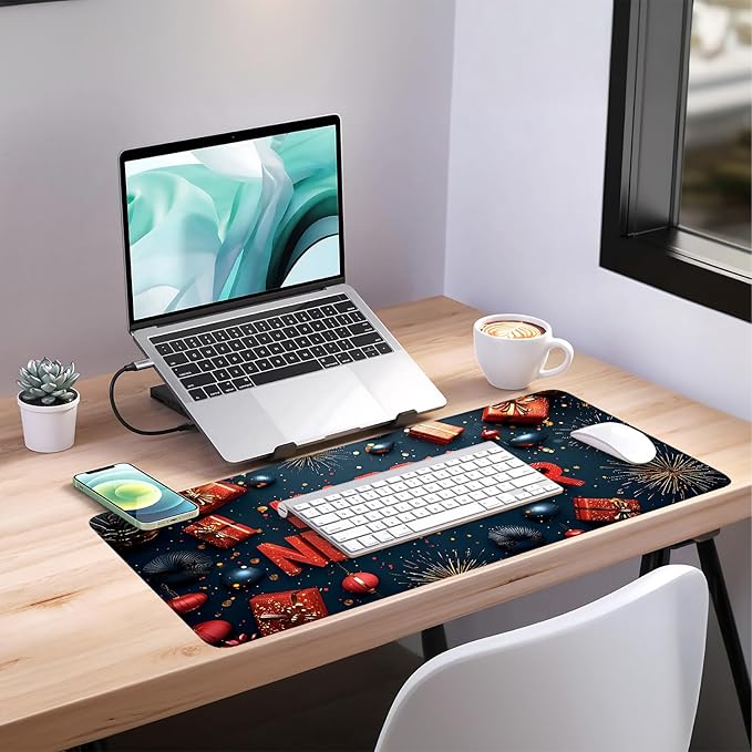 Happy New Year Gaming Mouse Pad 35.4"x15.7"Desk Mat Anti-Slip Rubber Base & Durable Stitched Edges for Gamers Smooth Mouse Writing Surface for Desk Office/Home