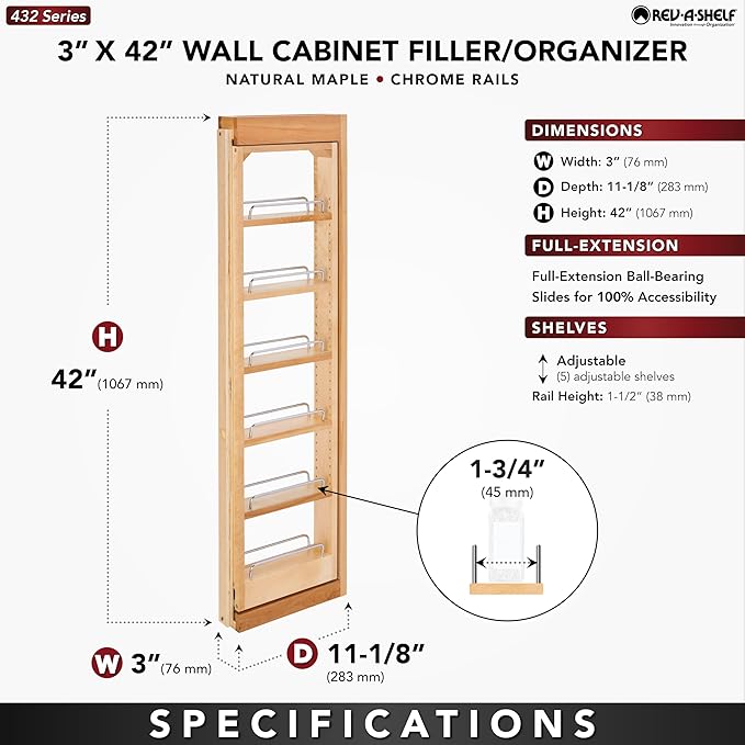 Rev-A-Shelf 3"W x 42"H Pull Out Quad Shelf Organizer for Wall & Base Kitchen Cabinets, Full Extension Filler Spice Rack, Adjustable, Wood, 432-WF42-3C
