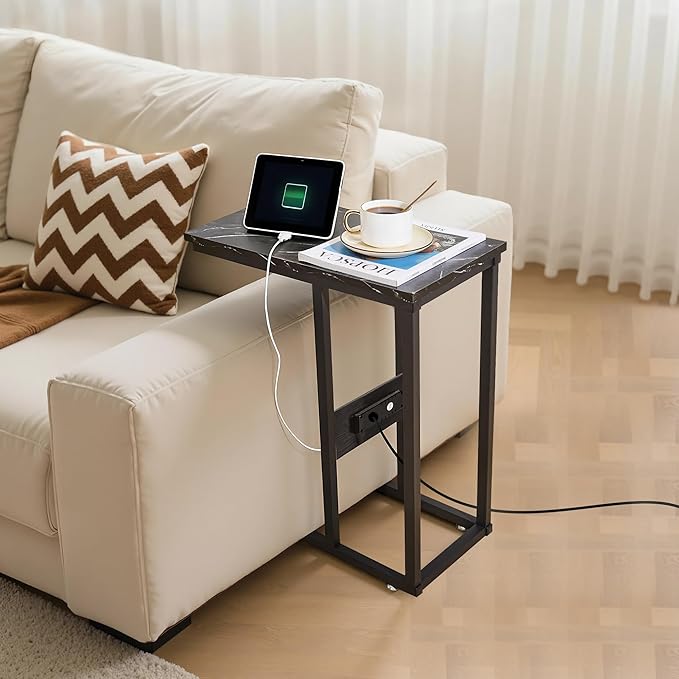 VECELO C Shaped End Side Table with Charging Station & Power Outlets for Couch Sofa/Bed, Snack TV Tray with Metal Frame for Living Room Bedroom 1 PCS, Black Marble