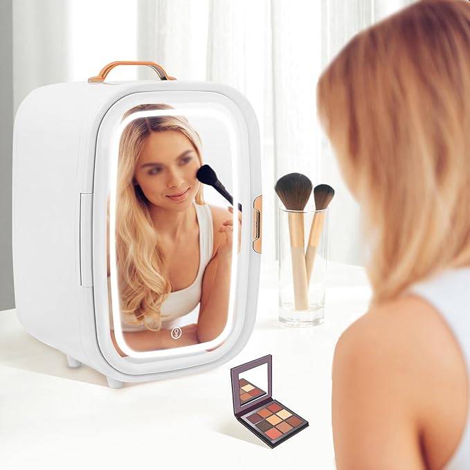 Mini Skincare Fridge,12L Makeup Cosmetics Refrigerator Beauty Fridge for Cosmetic Storage Skincare Fridge Portable Small Refrigerator for Cosmetics, Skin Care (White, W/LED Light Mirror)