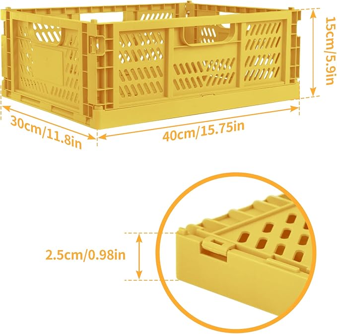 Domiella 2-Pack Crates for Storage, Storage Crates Plastic Stackable, Foldable Crate for Office Home Kitchen Bedroom Bathroom (Large, Golden Yellow)