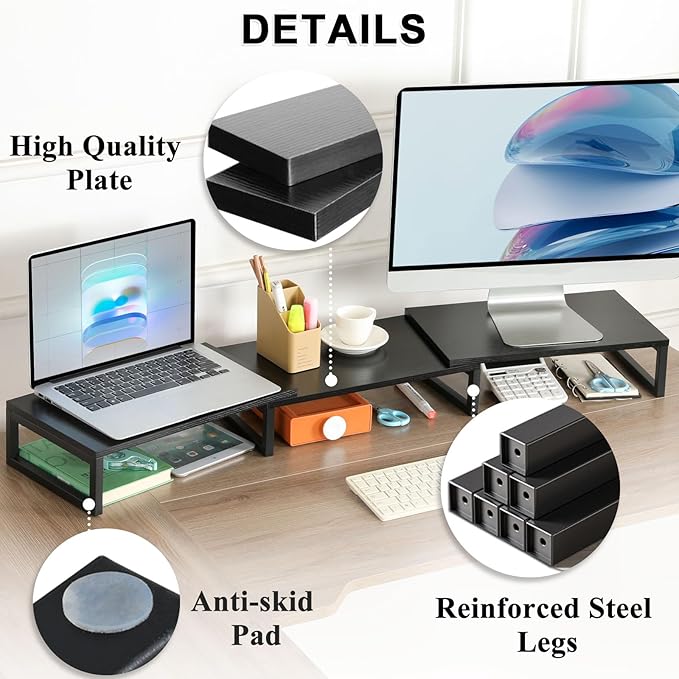TEAMIX Desk Organizer Dual Monitor Stand Riser, Adjustable Computer Stand 45.5'' Long Desktop Shelf Office Organizer for Laptop,Printer,File,Keyboard Storage Ergonomic Design (Black)