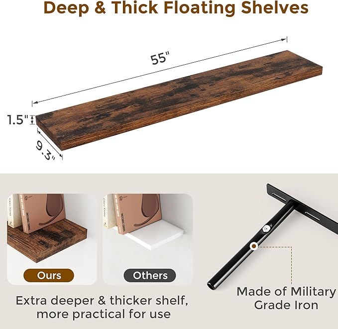 Fun Memories 55Inch Floating Shelves for Wall 1 Pack Shelves for Bedroom|Kitchen|Bathroom Wall Mounted Rustic Wood Floating Shelf with Invisible Brackets for Books|Storage|Decor, Rustic Brown