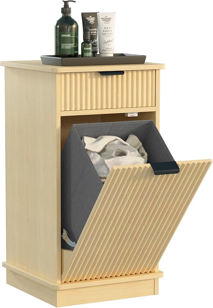 Natural Tilt Out Laundry Hamper Cabinet Hidden Laundry Hamper Cabinet with Drawers and Baskets for Bathroom Hamper with Storage for Kitchen Bedroom，16x16x30in
