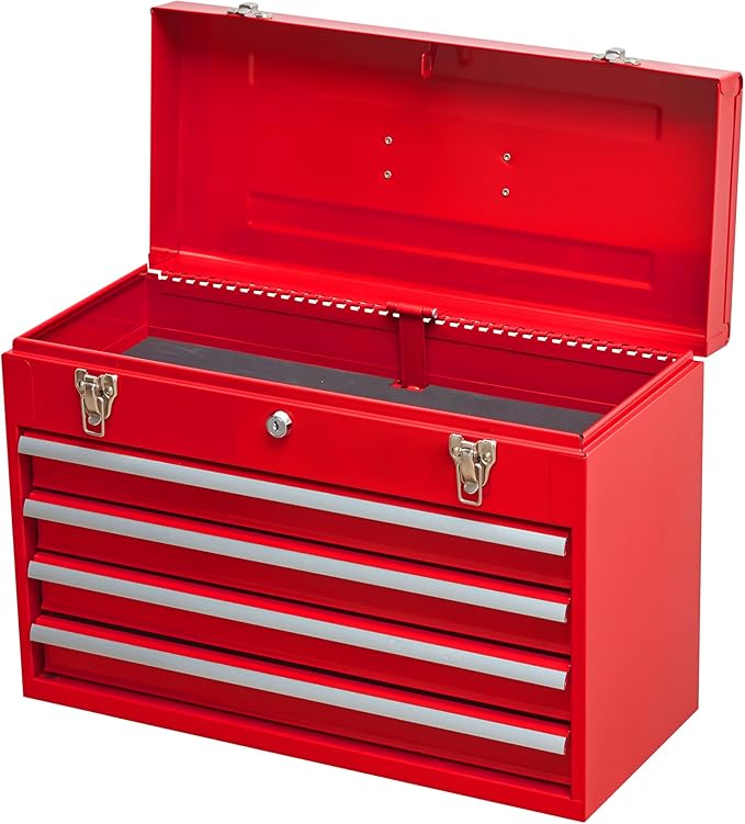 Metal Tool Box with 4 Drawers Portable Steel Tool Chest with Metal Cylinder Lock and Latch Closure, Liner, Red Powder Coating, Suitable for Garage, Warehouse and Outdoor Repair Job-Red