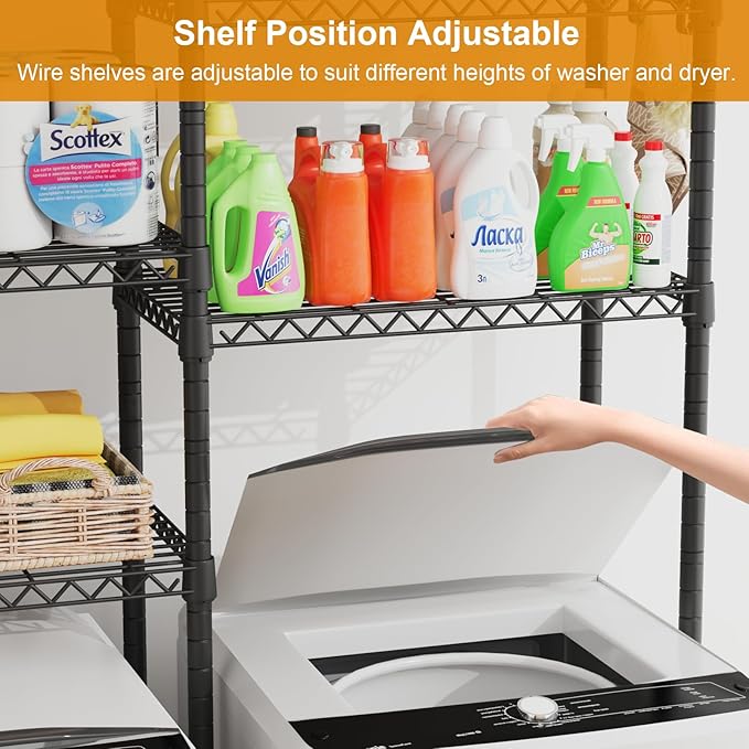 U15 Over Washer and Dryer Storage Shelves, Laundry Above Washer Dryer Storage Rack Space Saver, 6-Tier Wire Shelf with 4 Hooks for Organization, 63.4"W x 17.3"D x 76.4"H, Holds 568lbs, Black