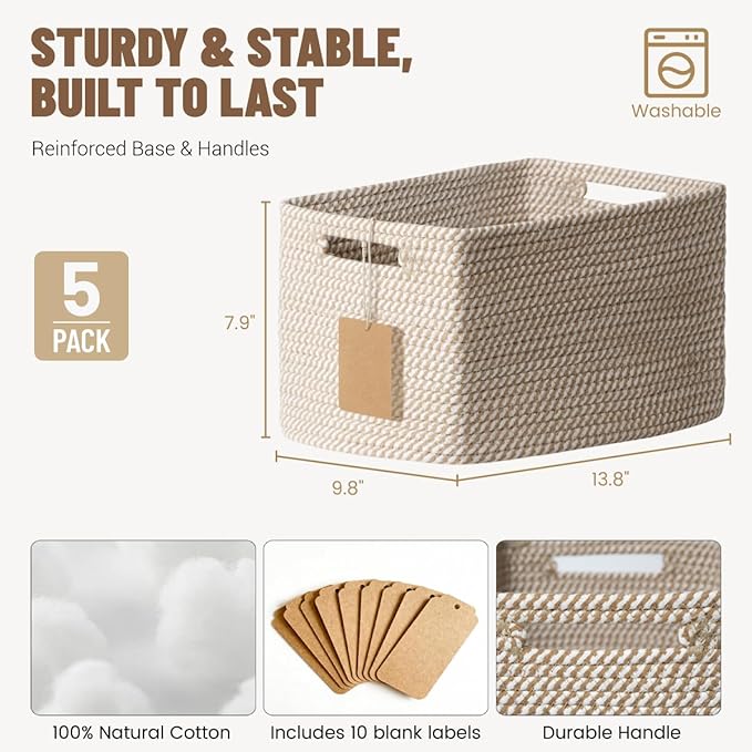 5 Pack Woven Storage Baskets for Shelves, Decorative Basket Organizer Storage Bins for Toys, Books, Clothes, Closet, Nursery, Bathroom – Cotton Rope Shelf Baskets for Organizing and Decor, Khaki