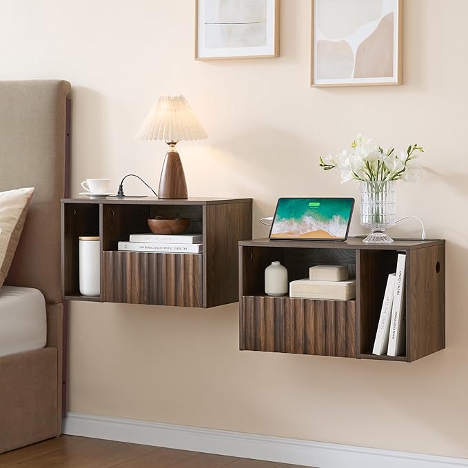 Floating Nightstand with Charging Station, Walnut Fluted Wall Mounted NightStand with Drawers, Bedside with USB Ports and Outlets, Bedroom Furniture (Set of 2)